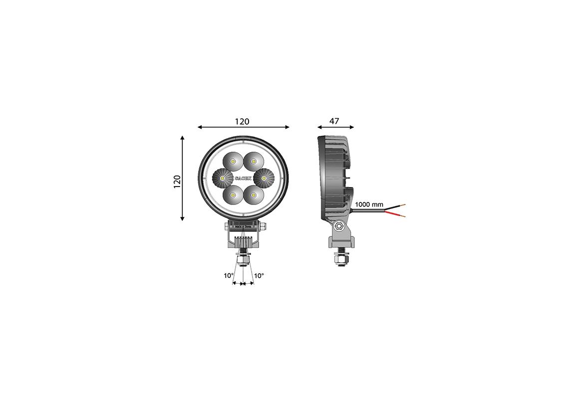 Phare de travail LED CARBONLUX rond diam 120mm - cable